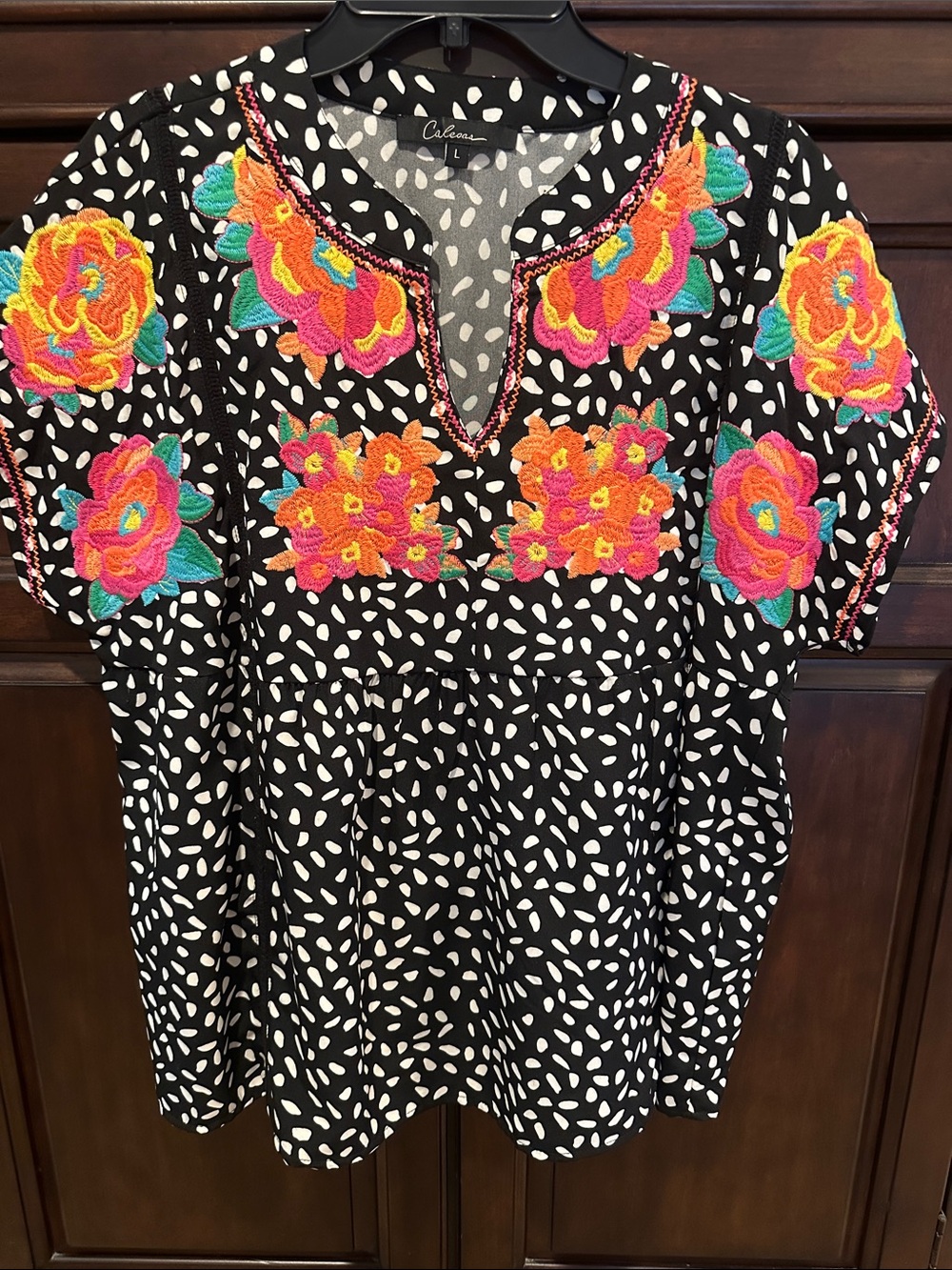 CALEOAS Black Tunic with Vibrant Pink, Orange & Teal Floral Embroidery